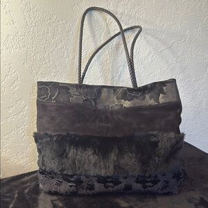 Vintage Tri Design Desmo Leather Tote with Suede, Fur and Velvet Design